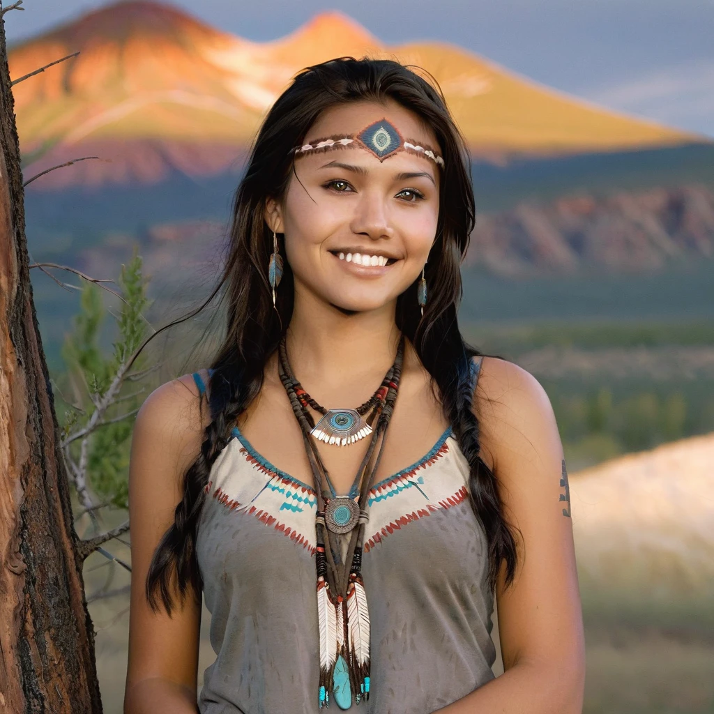 (grainy:0.5), cinematic, beautiful girls 25 year old native american,fantasy,(solo:1.3), detailed eyes, detailed face, detailed native american sexy clothing, volumetric lighting, dusk, extremely detailed background, standing next to tree and mountain, smiling, half closed brown eyes, tilted head, from side, sitting next to her North American Beaver