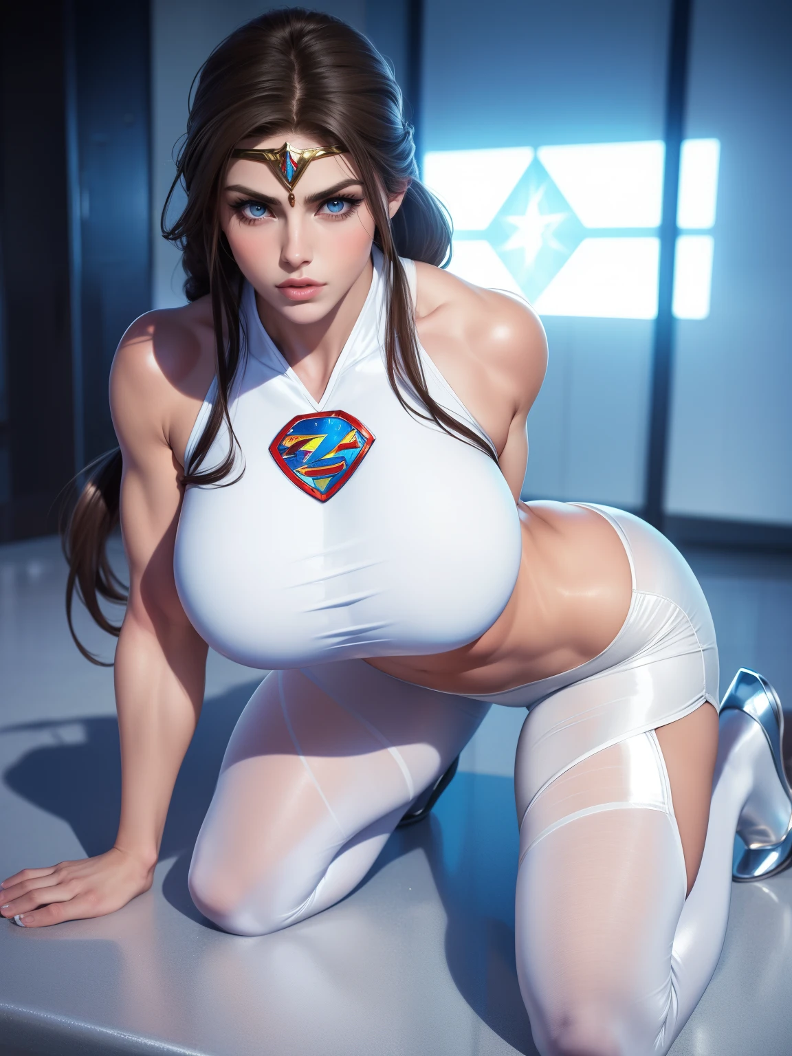 Sexy Alexandra Daddario plays beautiful superwoman ,Wear white pantyhose，White high heels, And white shorts。blue eyes,  Brown hair, Long braided ponytail, White Cropped Shirt, With silver stars, A silver crown on his forehead，There is a white gem on the head , silver bracelet,。Portrait Photography：artgerm, a realistic style, Shiny skin, Cartoon Core, Comic Core, Natural Lighting, Full and clear lips. Muscle Fitness Female Body