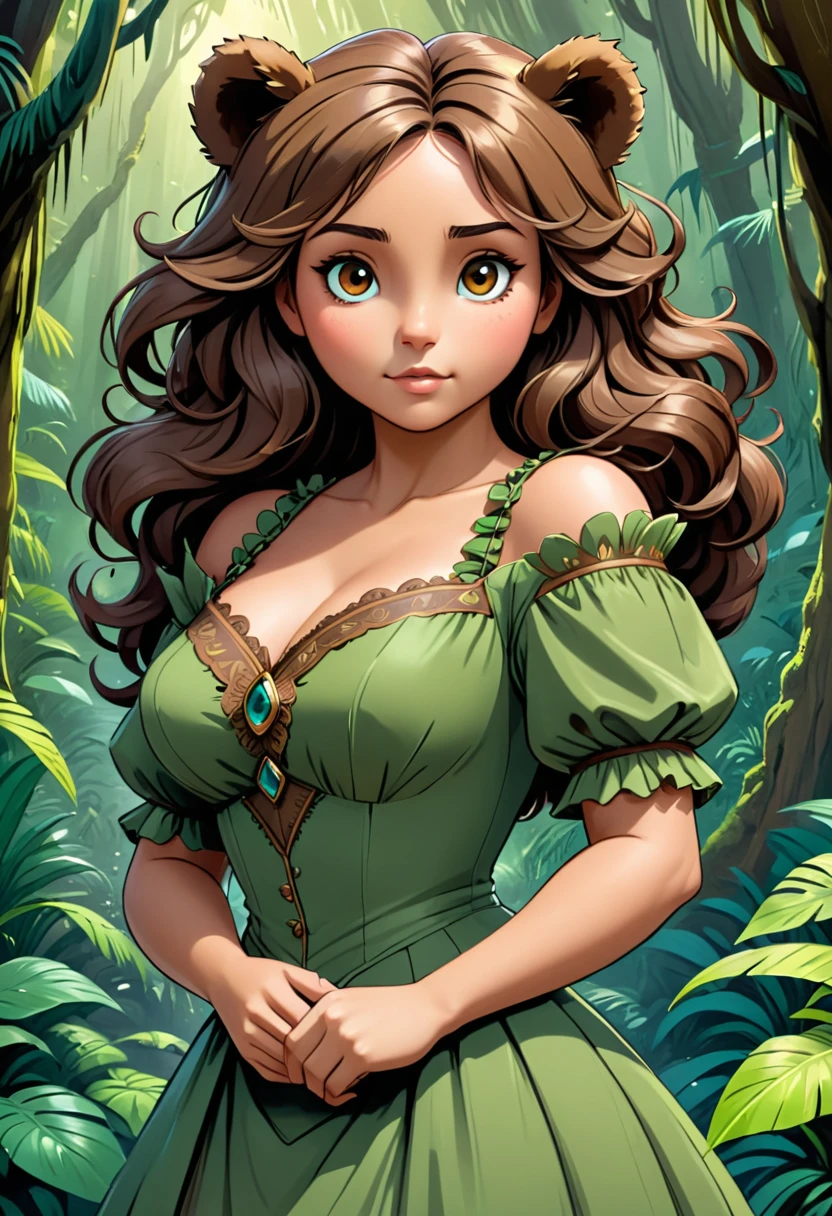 female bear mid transformation, solo, masterpiece, best art, victorian dress. detailed hands, detailed eyes, detailed torso, jungle, expression, transformation, human face, brown shaggy hair.
