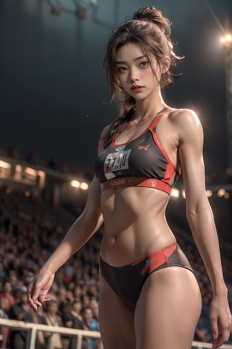 Female athletes, ((masterpiece, highest quality, Highest image quality, High resolution, photorealistic, Raw photo, 8K)), ((Extremely detailed CG unified 8k wallpaper)), The Olympic Stadium, Athletics field at night, 