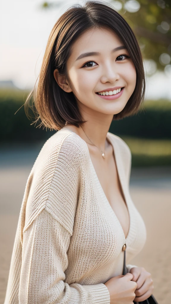 high resolution、Japanese women、Beauty、cute、Brown short hair hairstyle、Small face、Beautiful skin、Large breasts、Reality Stick、summer、The sun goes down、fine、smile、Red sweater
