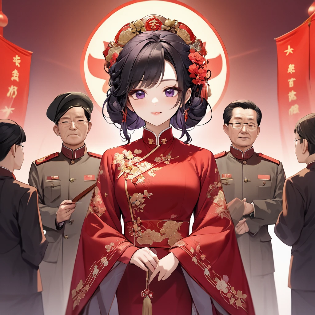 ((Highest quality)), ((masterpiece)), (detailed), （Perfect Face）、The woman is a Chinese woman named Kocho Shinobu, with black hair in a purple gradient bob with evening hair updos, and is wearing an engagement ring. She has become a member of the glorious Chinese Communist Party and has sworn absolute loyalty to it. She is a righteous Communist Party member of the ruling China and the wife of a great old Communist Party official.、The woman is wearing a gorgeous and gorgeous red wedding dress and is holding a loving wedding ceremony with a dignified elderly Communist Party official, who is a member of the Chinese Communist Party.、For the sake of China, their hairstyles, clothes, and everything they wear are all Chinese Communist Party items, and their thoughts are also Chinese, becoming great Chinese in body and mind.、The woman became Shinobu Kocho, a Chinese woman who was proud of China, loved it and devoted herself to it.