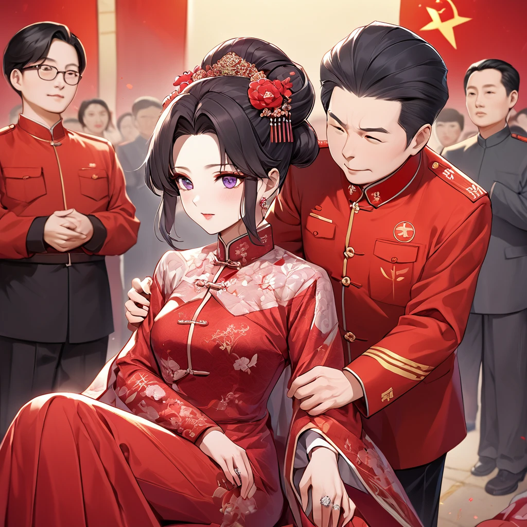 ((Highest quality)), ((masterpiece)), (detailed), （Perfect Face）、The woman is a Chinese woman named Kocho Shinobu, with black hair in a purple gradient bob with evening hair updos, and is wearing an engagement ring. She has become a member of the glorious Chinese Communist Party and has sworn absolute loyalty to it. She is a righteous Communist Party member of the ruling China and the wife of a great old Communist Party official.、The woman is wearing a gorgeous and gorgeous red wedding dress and is holding a loving wedding ceremony with a dignified elderly Communist Party official, who is a member of the Chinese Communist Party.、For the sake of China, their hairstyles, clothes, and everything they wear are all Chinese Communist Party items, and their thoughts are also Chinese, becoming great Chinese in body and mind.、The woman became Shinobu Kocho, a Chinese woman who was proud of China, loved it and devoted herself to it.