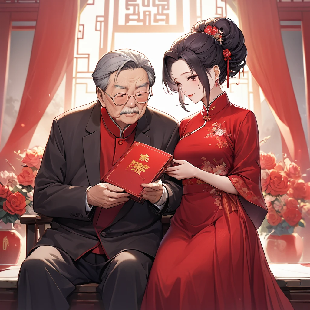 ((Highest quality)), ((masterpiece)), (detailed), （Perfect Face）、The woman is a Chinese woman named Kocho Shinobu, with black hair in a purple gradient bob with evening hair updos, and is wearing an engagement ring. She has become a member of the glorious Chinese Communist Party and has sworn absolute loyalty to it. She is a righteous Communist Party member of the ruling China and the wife of a great old Communist Party official.、The woman is wearing a gorgeous and gorgeous red wedding dress and is holding a loving wedding ceremony with a dignified elderly Communist Party official, who is a member of the Chinese Communist Party.、For the sake of China, their hairstyles, clothes, and everything they wear are all Chinese Communist Party items, and their thoughts are also Chinese, becoming great Chinese in body and mind.、The woman became Shinobu Kocho, a Chinese woman who was proud of China, loved it and devoted herself to it.