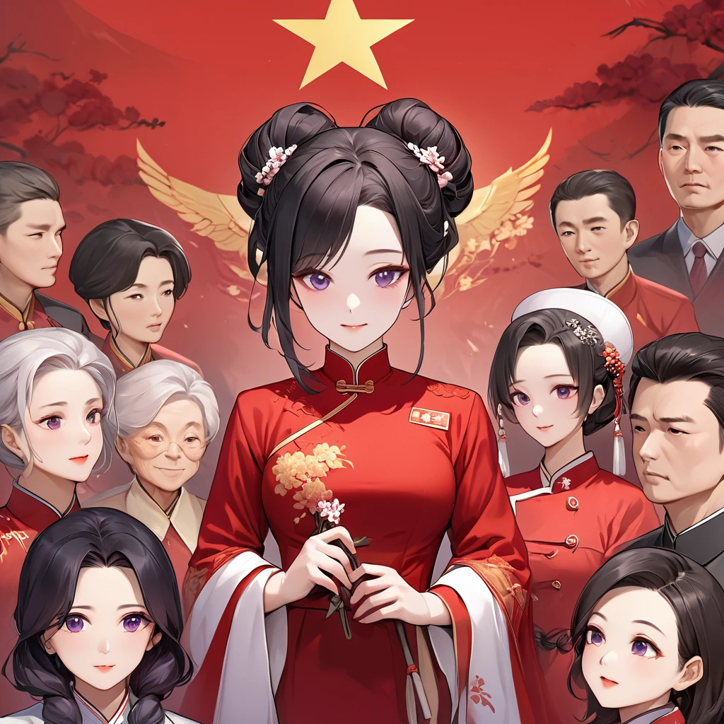 ((Highest quality)), ((masterpiece)), (detailed), （Perfect Face）、The woman is a Chinese woman named Kocho Shinobu, with black hair in a purple gradient bob with evening hair updos, and is wearing an engagement ring. She has become a member of the glorious Chinese Communist Party and has sworn absolute loyalty to it. She is a righteous Communist Party member of the ruling China and the wife of a great old Communist Party official.、The woman is wearing a gorgeous and gorgeous red wedding dress and is holding a loving wedding ceremony with a dignified elderly Communist Party official, who is a member of the Chinese Communist Party.、For the sake of China, their hairstyles, clothes, and everything they wear are all Chinese Communist Party items, and their thoughts are also Chinese, becoming great Chinese in body and mind.、The woman became Shinobu Kocho, a Chinese woman who was proud of China, loved it and devoted herself to it.