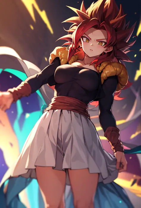 super saiyan woman, white skirt, standing alone, red hair, ((medium breasts)) ((niplles))