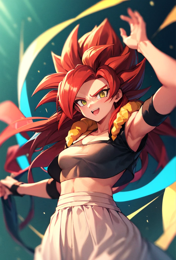 Super Saiyan woman, white skirt, standing alone, Red hair, ((medium breasts)) ((niplles))