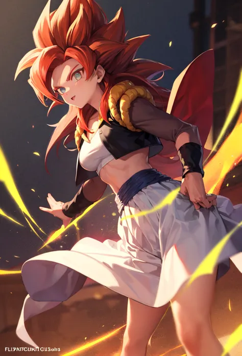 super saiyan woman, white skirt, standing alone, red hair, ((medium breasts)) ((niplles))