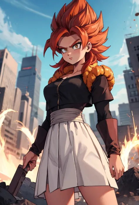 super saiyan woman, white skirt, standing alone, red hair, ((medium breasts)) ((niplles))