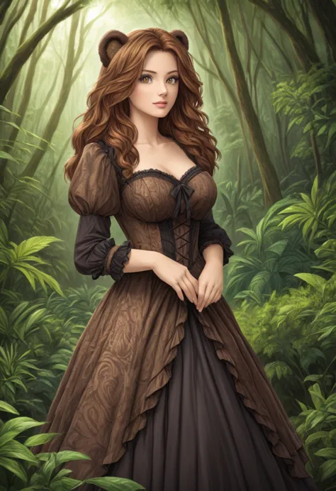 female bear mid transformation, solo, masterpiece, best art, victorian dress. detailed hands, detailed eyes, detailed torso, jun...