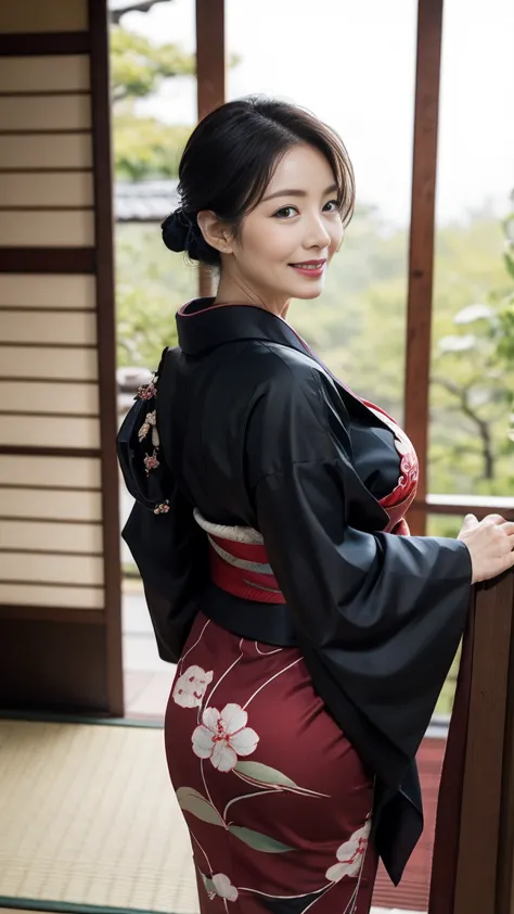 mature attractive sexy woman,50 years old, ((kimono)),((green))、(((kimono))),shut,((big breasts:1.1)),(facial wrinkles:1.3),ligh...