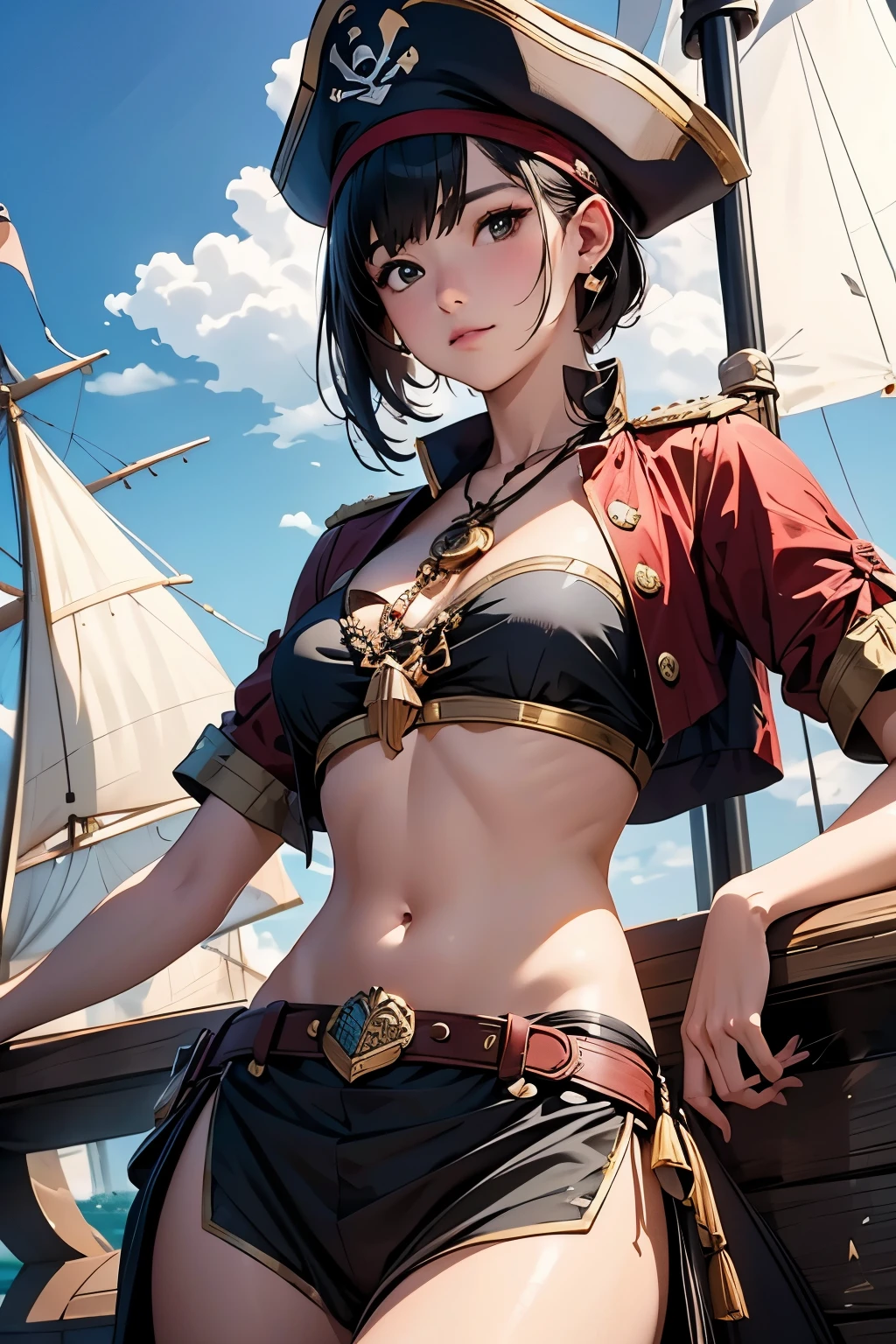 (Fascinating Female Pirate Captain:1.2)、(Take command on the deck of a pirate ship:1.2)、Off the shoulder、Sexy Looks, short hair、BREAK Caribbeanで英国海軍との海戦、(2 Galleons:1.4)、 (Naval battles:1.2)、(Close Combat:1.2)、Caribbean、 (Galleon Fire:1.2)、(Galleon Explosion:1.2)、(Torn sails:1.2)、 (Realistic:1.2)、Very detailed、(intricate details 1.2)、Blur the background、8k, masterpiece、