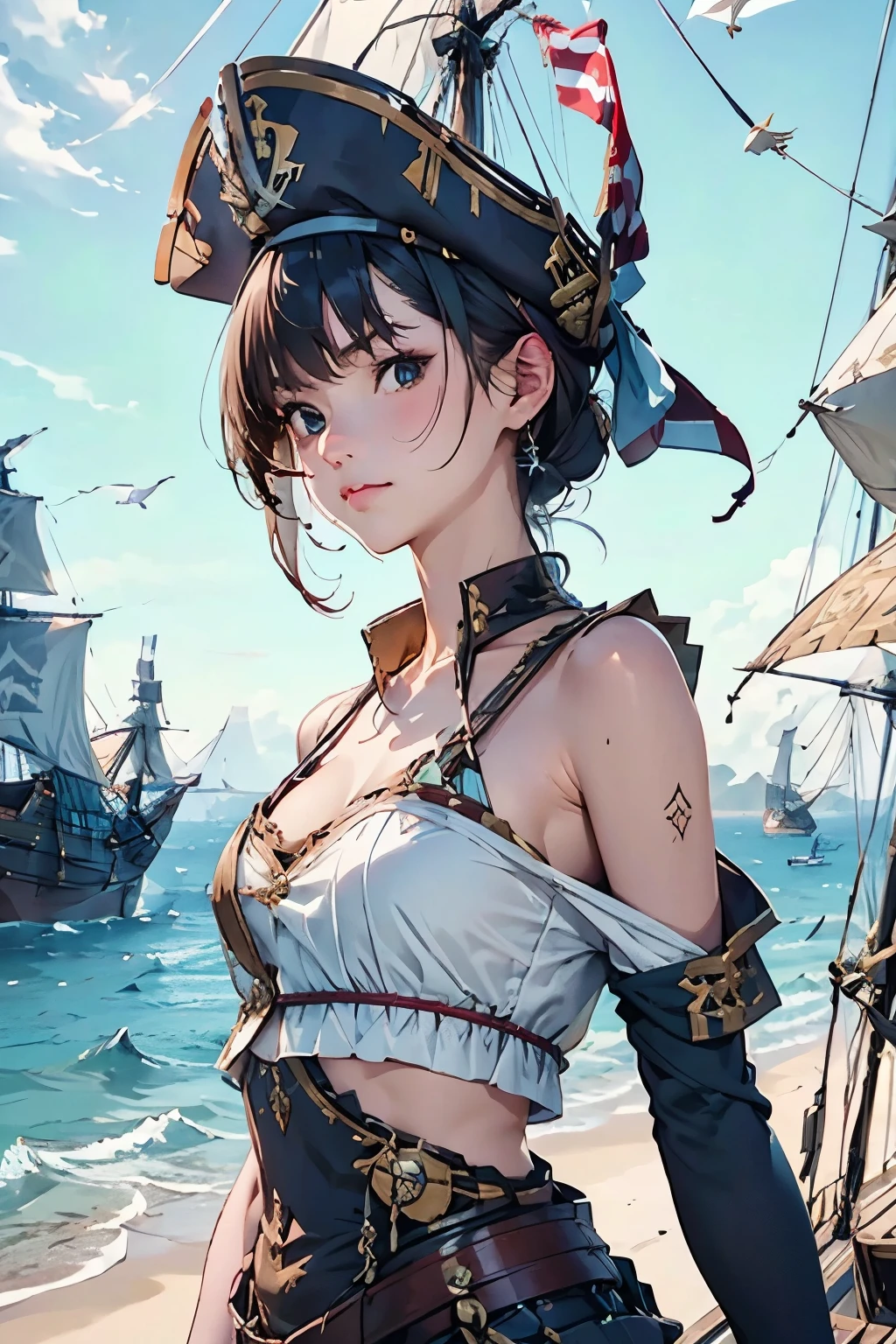 (Fascinating Female Pirate Captain:1.2)、(Take command on the deck of a pirate ship:1.2)、Off the shoulder、Sexy Looks, short hair、BREAK Caribbeanで英国海軍との海戦、(2 Galleons:1.4)、 (Naval battles:1.2)、(Close Combat:1.2)、Caribbean、 (Galleon Fire:1.2)、(Galleon Explosion:1.2)、(Torn sails:1.2)、 (Realistic:1.2)、Very detailed、(intricate details 1.2)、Blur the background、8k, masterpiece、