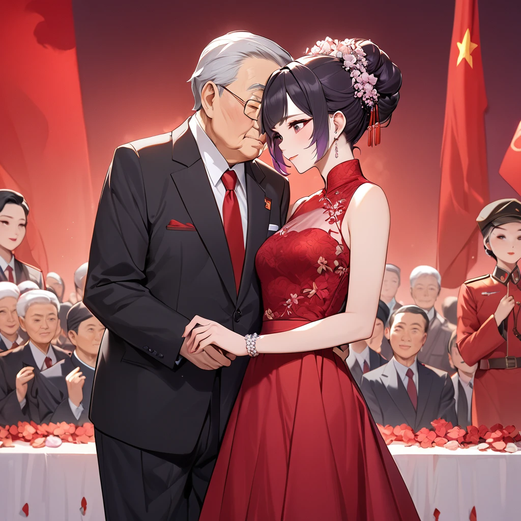 ((Highest quality)), ((masterpiece)), (detailed), （Perfect Face）、The woman is a Chinese woman named Kocho Shinobu, with black hair in a purple gradient bob with a formal evening hairstyle. She is wearing an engagement ring. She is a member of the prestigious Chinese Communist Party and the wife of a great old Communist Party official.、The woman is wearing a gorgeous and gorgeous red wedding dress and is holding a loving wedding ceremony with a dignified elderly Communist Party official, who is a member of the Chinese Communist Party.