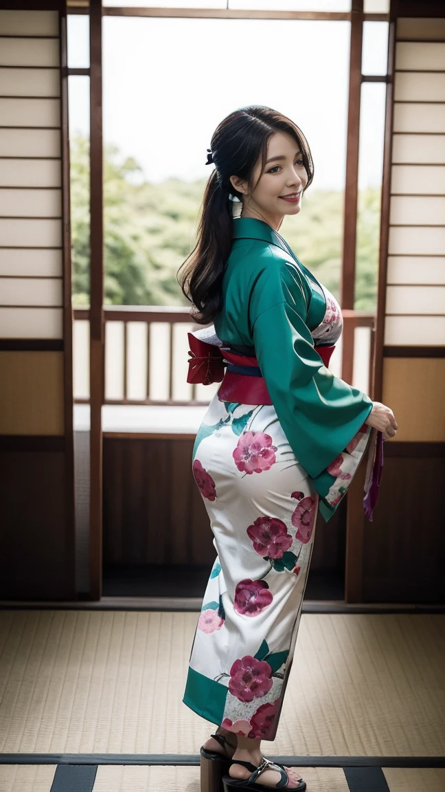 Mature attractive sexy woman,50 years old, ((kimono)),((green))、(((kimono))),Shut,((Big Breasts:1.1)),(Facial wrinkles:1.3),light makeup,Light brown hair,Long Hair,(Full body photo:0.85),(Emphasize big buttocks),8k, RAW Photos, Highest quality, Laughter,masterpiece,Highest quality、A kind smile、A captivating gaze、Random Hairstyles、Japanese-style room、Shoji Screen、lanthanum、