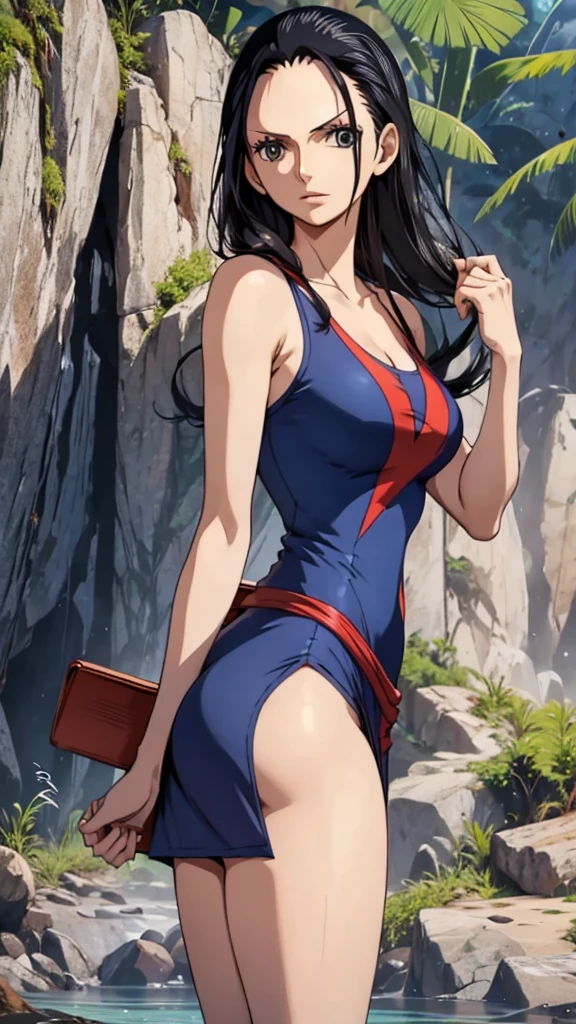 girl, Nico Robin, one piece, Navy blue short dress without print, big , big ass, debtrom behind, debt/16, 85mm, masterpiece, Anatomically correct, Super Detail, Attention to detail, high quality, 最high quality, High resolution, 4K