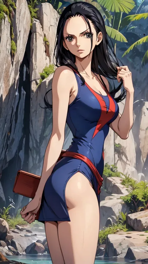 girl, Nico Robin, one piece, Navy blue short dress without print, big , big ass, debtrom behind, debt/16, 85mm, masterpiece, Ana...