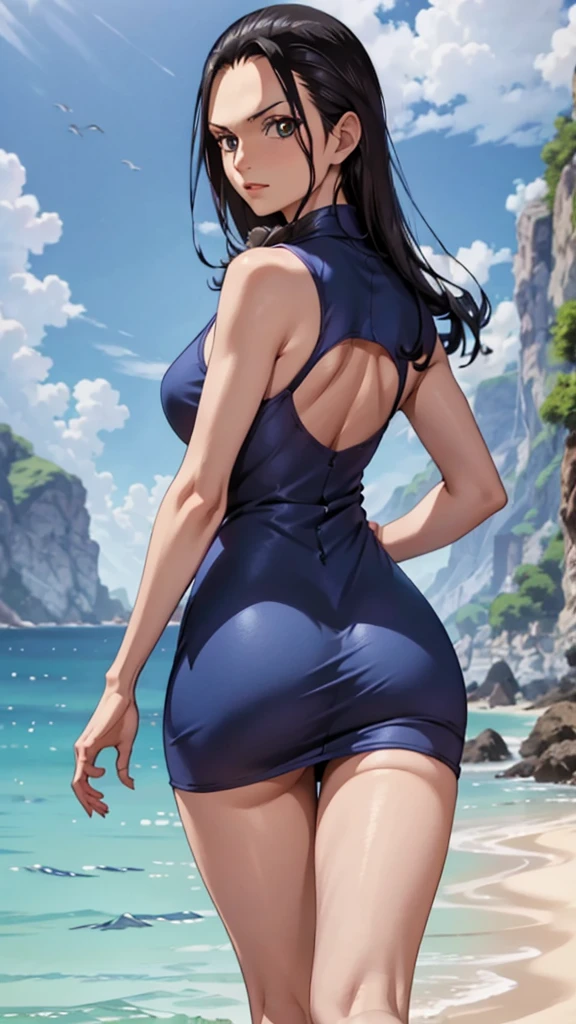 girl, Nico Robin, one piece, Navy blue short dress without print, big , big ass, debtrom behind, debt/16, 85mm, masterpiece, Anatomically correct, Super Detail, Attention to detail, high quality, 最high quality, High resolution, 4K