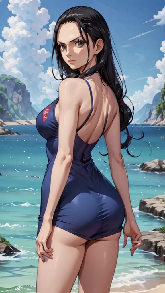 girl, Nico Robin, one piece, Navy blue short dress without print, big , big ass, debtrom behind, debt/16, 85mm, masterpiece, Anatomically correct, Super Detail, Attention to detail, high quality, 最high quality, High resolution, 4K