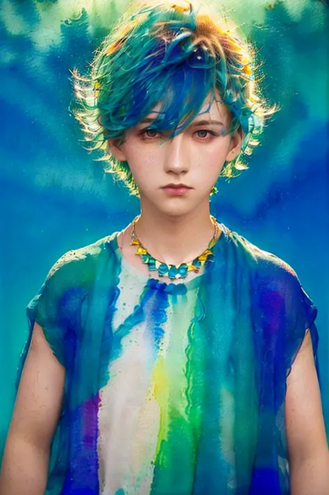 1boy,head hair,necklace,multicolored hair,blue background,multicolored background,hair between eye