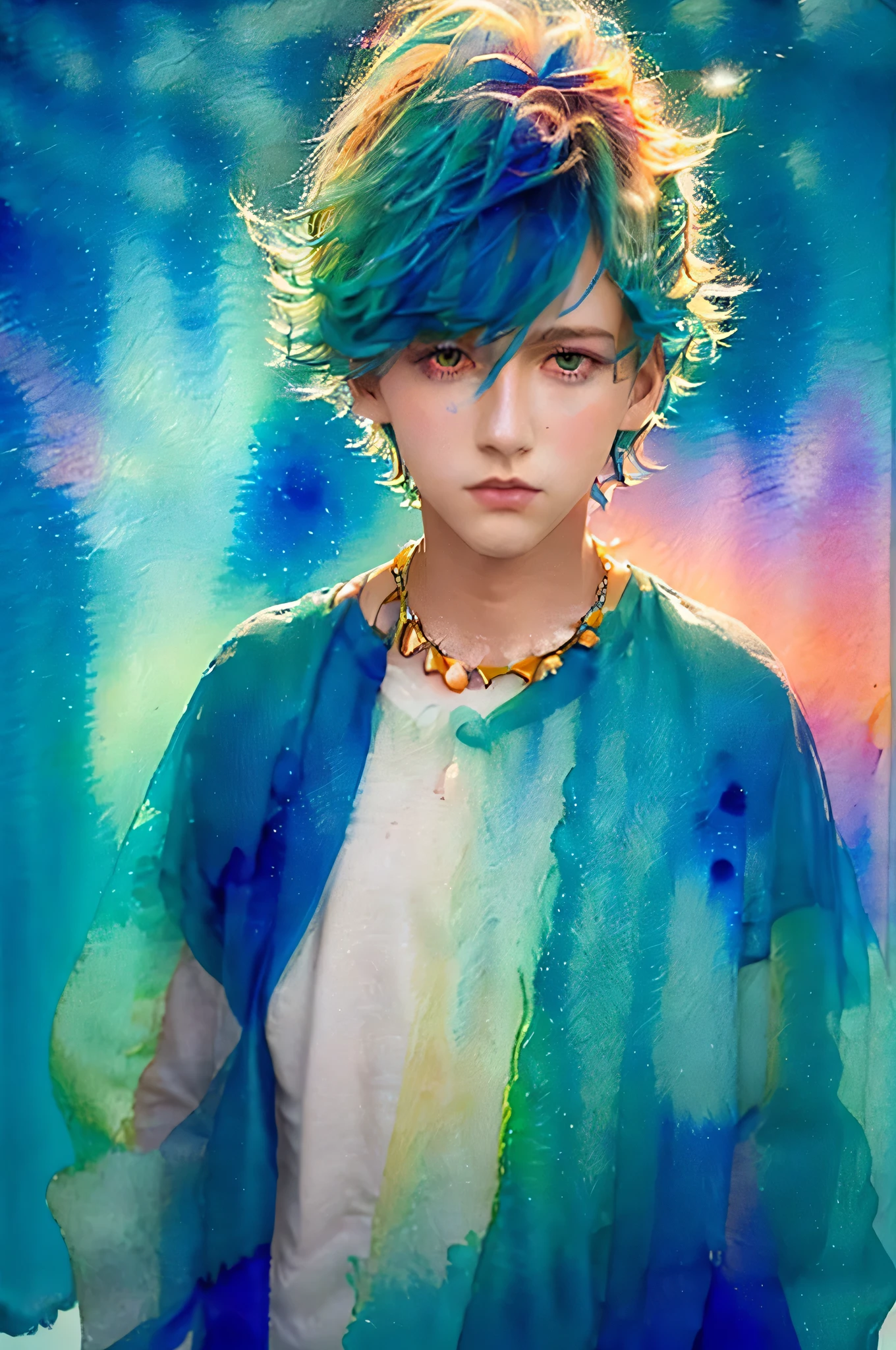 1boy,head hair,Necklace,multicolored hair,Blue background,multicolored background,hair between eye