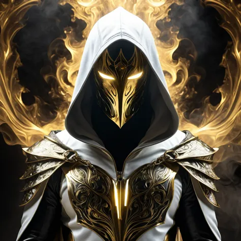 dark fantasy, shadow knights, (( white and gold plug suit, black smoke in plug suit) ), (burning eyes:1) , (white, gold hooded c...