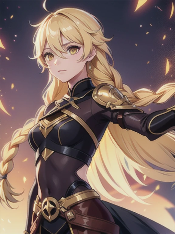 (Solo:1.2), aether, 1girl, gender swap, female version of Aether, blonde hair, yellow eyes, hair between eyes, long hair, braid, 