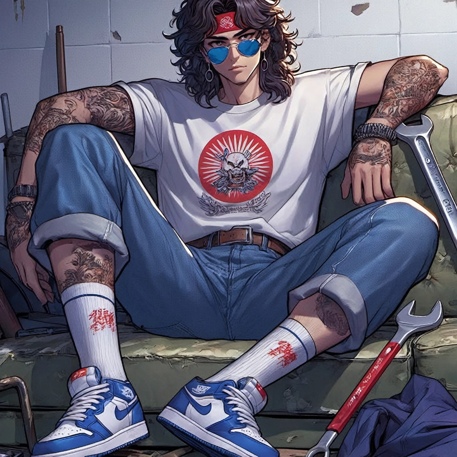 arafed man sitting on a couch with a wrench and a pair of shoes, handsome guy in demon slayer art, 8 0 s anime vibe, 8 0 s anime style, artwork in the style of guweiz, detailed fanart, in the art style of 8 0 s anime, 8 0 s anime art style, striking detailed artstyle, 90s anime style