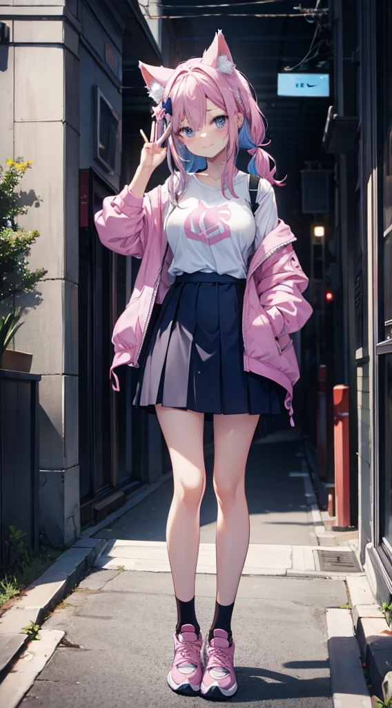 A girl with long blue hair that turns pink at the bottom, cat ears, two different eyes, one pink and the other blue, wearing a light blue shirt that shows her breasts a little, a dark blue short skirt, and white Nike shoes,  stands on the sidewalk among a few peoples, She smiles, looks at the viewer, and makes the peace symbol with her fingers