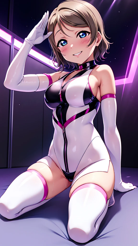 Erotic、Love Live Watanabe You、Latex white catsuit　Pink line、White Long Gloves、Evil female executive、sexy、、look down、Evil Face、sadist、Slanted Eyes、Sharp Eye、lure、Alluring、Pitch black background、Dark bedroom at night