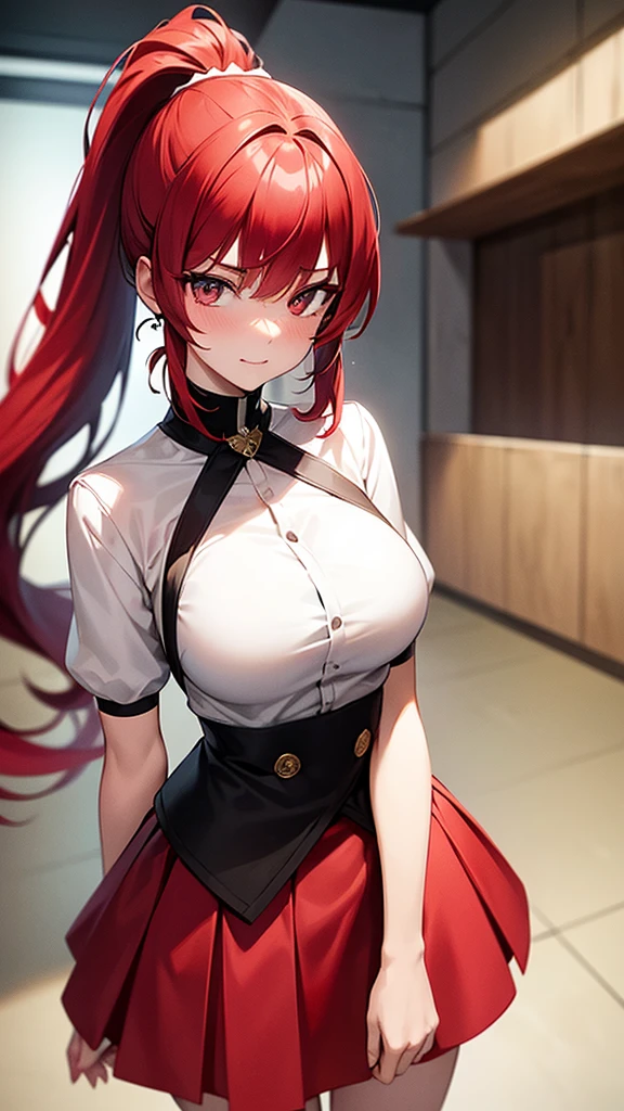 (Highest quality,High resolution,Very detailed,girl),Red hair,ponytail,Height: 150cm,cute,black eye,I'm wearing a red skirt,Her eyes are white and shining,Has bright white eyes,Has an embarrassed look,