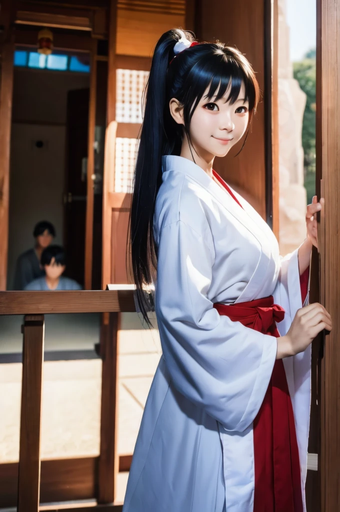 a japanese girl in miko clothes cleaning the entrance of the Temple, black hair, long hair, ponytail, white robe, (red hakama;1.45), straw broom, Tsurugaoka Hachimangu Temple, cute, kawaii, beautiful, smile posing, looking at viewer, (masterpiece, best quality:1.5) ,high resolution, extremely detailed, trending on pixiv, masterpiece, cinematic lighting, (anime art style:1.45),