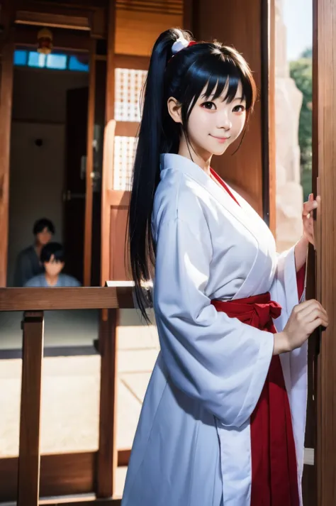 a japanese girl in miko clothes cleaning the entrance of the temple, black hair, long hair, ponytail, white robe, (red hakama;1....