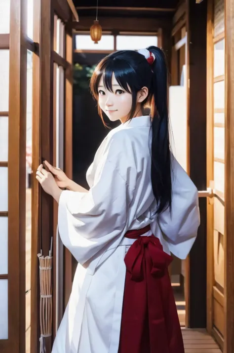 a japanese girl in miko clothes cleaning the entrance of the temple, black hair, long hair, ponytail, white robe, (red hakama;1....