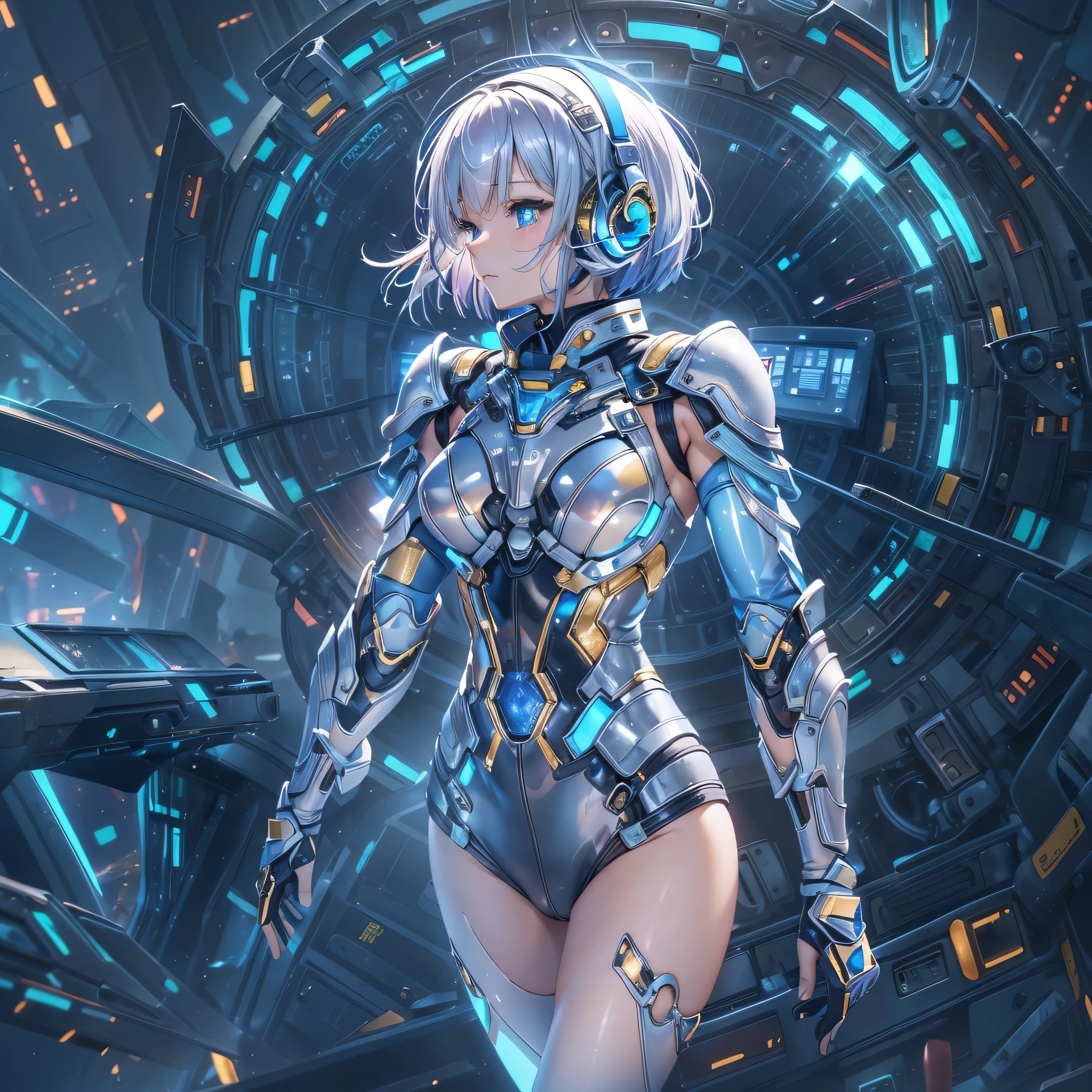 ((Holographic glow effect)),(masterpiece、Highest quality、Highest Resolution、Clear_image、Detailed details、Angle from above): (Whole body、One 20 year old girl、Japanese Faces、Small Face、Slender、Navy blue super short bob cut hair、(Hidden small breasts:1.3)、Sparkling blue eyes、Shiny pilot suit in blue and black colors、Chest protection armor、Tight fitting clothes、Clothing that covers the whole body、Glamorous clothes、Tight Fit Pants、Hide your skin、Very delicate and beautiful、Detailed Skin、hide thighs、Hide your ass、Cute、A gentle smile、Soft expression、heroine、headset、Knee-high boots、Elbow-length gloves、Eye Level Shot、Face directly、Woman on a spaceship)