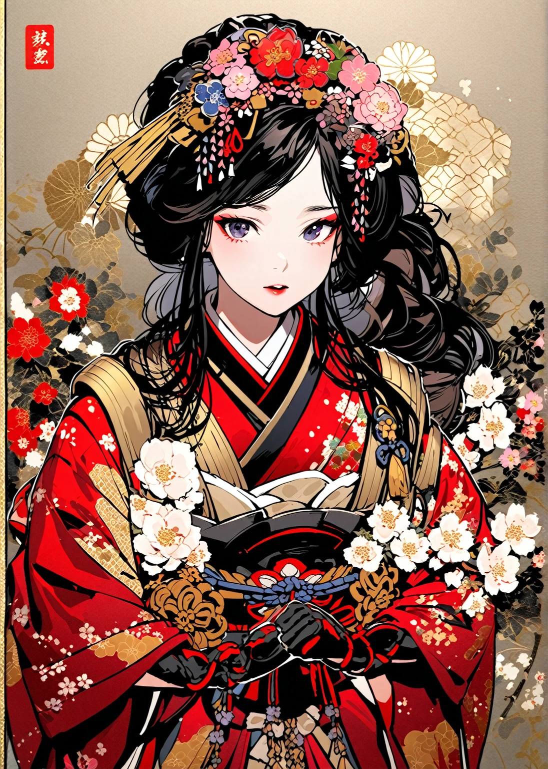 A 12-year-old princess wearing a red kimono and a flower crown, Traditional Japanese, traditional geisha clothing, Japanese women, Wearing Imperial Kimono, japanese geisha, geisha photo portrait, female geisha girl, elegant Japanese women, Japanese Kimono, In kimono, Traditional beauty, Wearing kimono and armor, portrait of geisha, wearing a haori, geisha　She gets an old man&#39;s dick shoved in her pussy