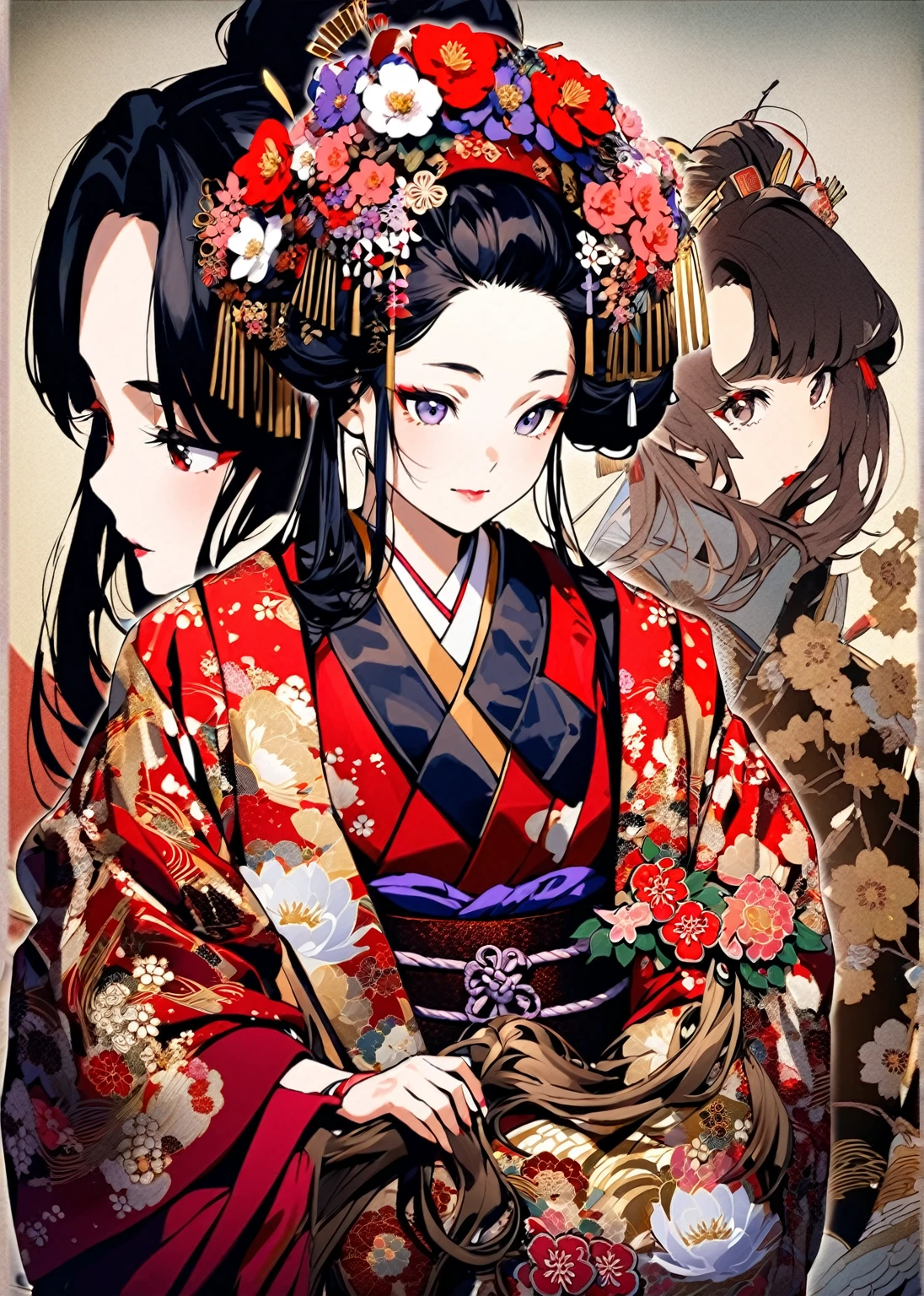 A 12-year-old princess wearing a red kimono and a flower crown, Traditional Japanese, traditional geisha clothing, Japanese women, Wearing Imperial Kimono, japanese geisha, geisha photo portrait, female geisha girl, elegant Japanese women, Japanese Kimono, In kimono, Traditional beauty, Wearing kimono and armor, portrait of geisha, wearing a haori, geisha　She gets an old man&#39;s dick shoved in her pussy