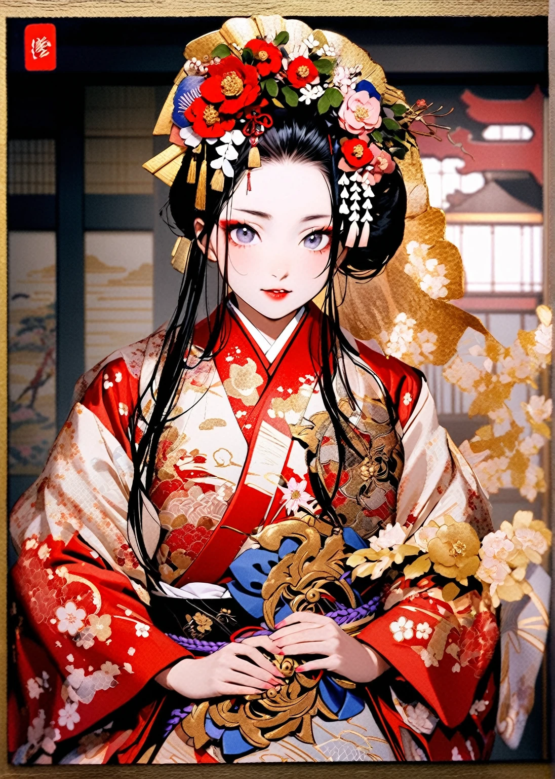 A 12-year-old princess wearing a red kimono and a flower crown, Traditional Japanese, traditional geisha clothing, Japanese women, Wearing Imperial Kimono, japanese geisha, geisha photo portrait, female geisha girl, elegant Japanese women, Japanese Kimono, In kimono, Traditional beauty, Wearing kimono and armor, portrait of geisha, wearing a haori, geisha　She gets an old man&#39;s dick shoved in her pussy