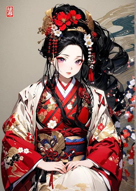 a 12-year-old princess wearing a red kimono and a flower crown, traditional japanese, traditional geisha clothing, japanese wome...