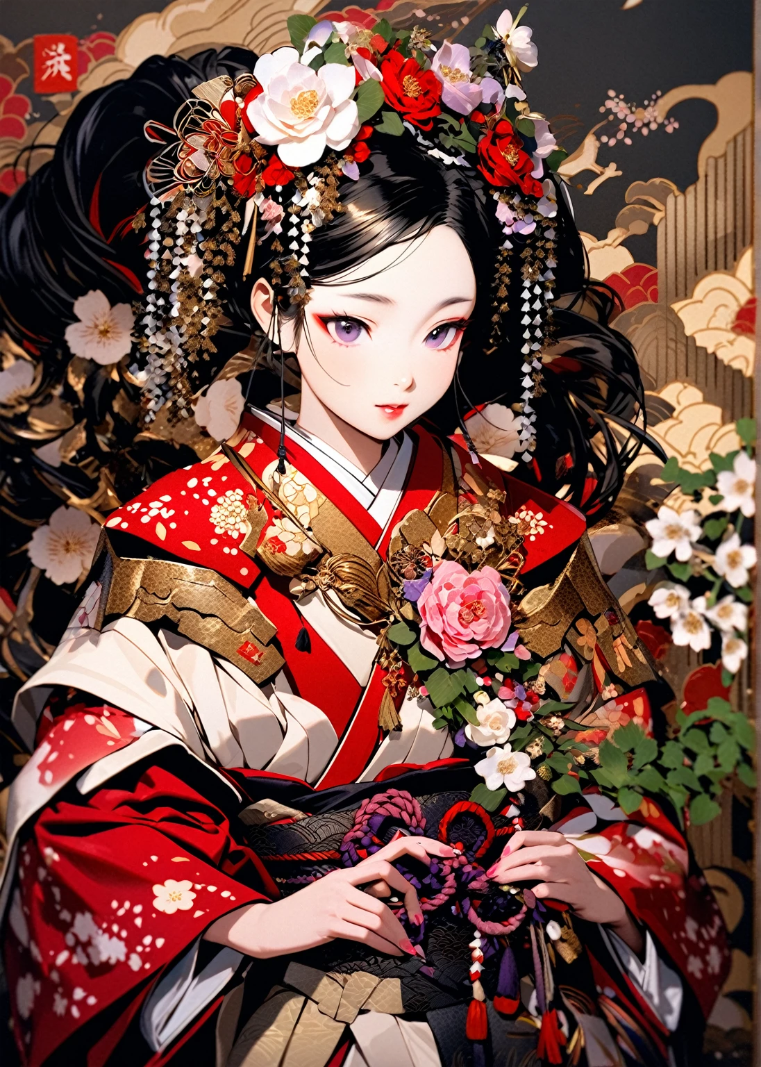 A 12-year-old princess wearing a red kimono and a flower crown, Traditional Japanese, traditional geisha clothing, Japanese women, Wearing Imperial Kimono, japanese geisha, geisha photo portrait, female geisha girl, elegant Japanese women, Japanese Kimono, In kimono, Traditional beauty, Wearing kimono and armor, portrait of geisha, wearing a haori, geisha　She gets an old man&#39;s dick shoved in her pussy