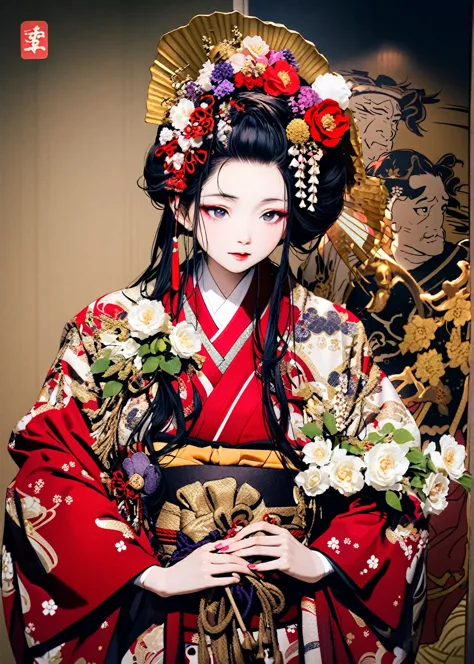 A 12-year-old princess wearing a red kimono and a flower crown, Traditional Japanese, traditional geisha clothing, Japanese wome...