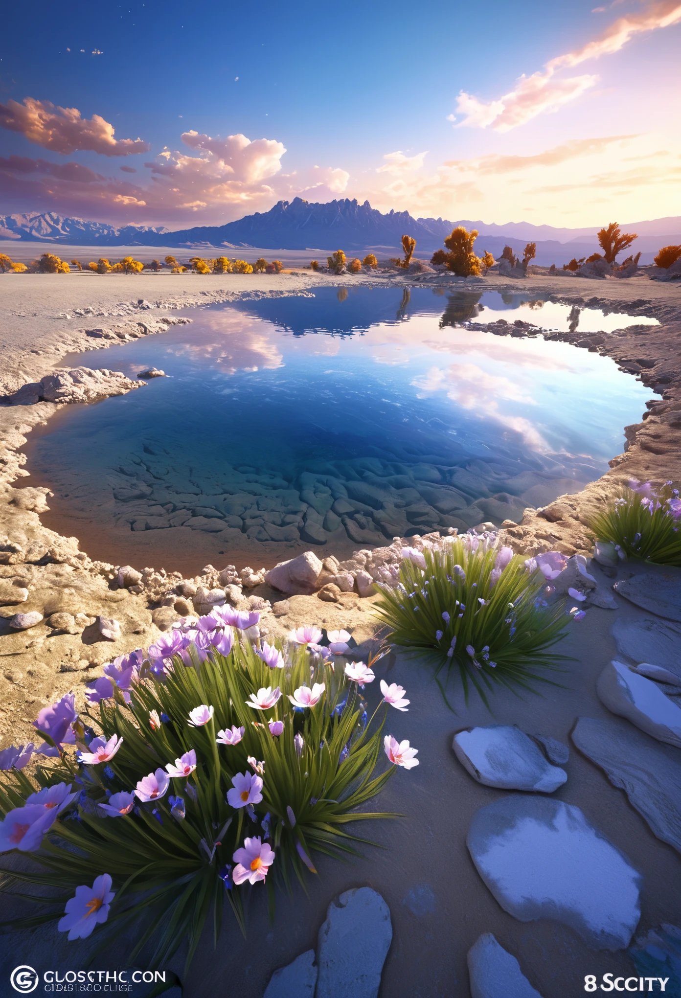 masterpiece, 最high quality, high quality, Very detailed CG uniform 8k wallpaper, 花がbloom風景, A dry place like an empty desert, Beloved, Crafty, Mono Lake, Pootree, 3D Digital Painting, Award-winning photography, Bokeh, Depth of written boundary, High resolution, bloom, chromatic aberration, Realistic, Very detailed, artステーションでトレンド, Trending on CGSociety, Complex, Attention to detail, dramatic, art：midjourney