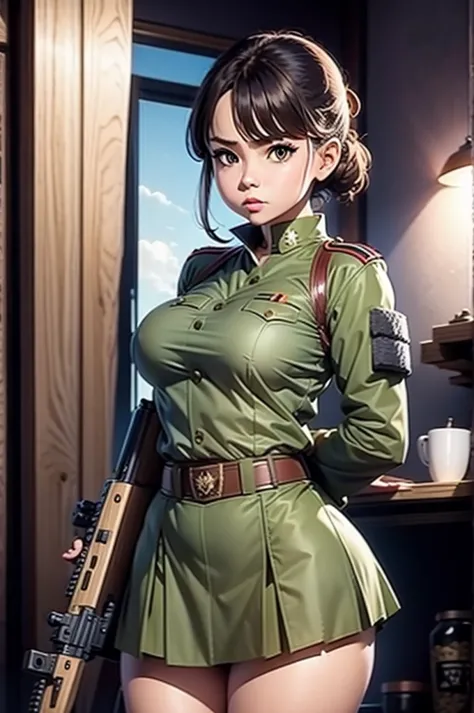 anime girl with military skirt,all military camouflaged with weapons and rifle in hand,big tits, short skirt