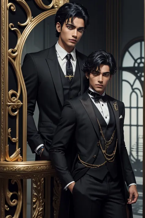 1man, latin man, black suit, suit with web patterns, suit inspired in jolyne's outfit, golden accesories, wolfcut haircut