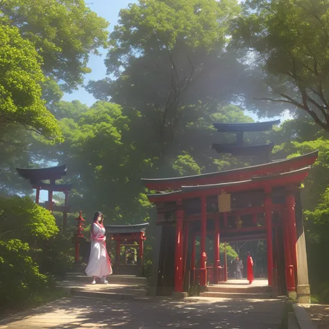 fumikane shimada、panorama、amazing visuals、a shrine and a vermilion torii gate in the background、fushimi inari shrine、the sea and...