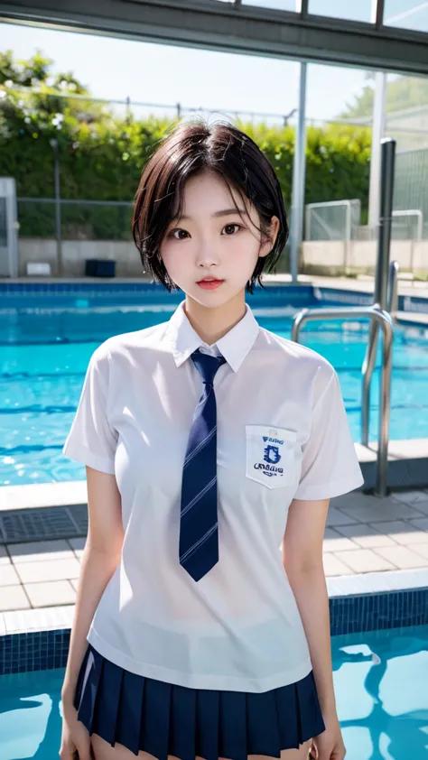 one girl、cute、18-year-old、the chest is large、slender body、round-faced japanese woman、short hair、wet school uniform、the eyes are ...