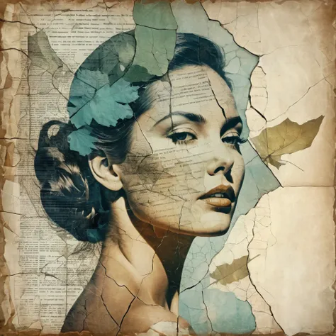 a beautiful woman, double exposure, surreal artwork, printed on cracked paper, artful, aesthetic, muted color scheme, unusual, v...