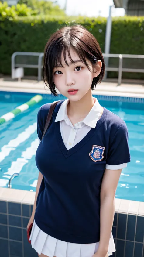 one girl、cute、18-year-old、she has big breasts、slender body、round-faced japanese woman、short hair、wet school uniform、the eyes are...