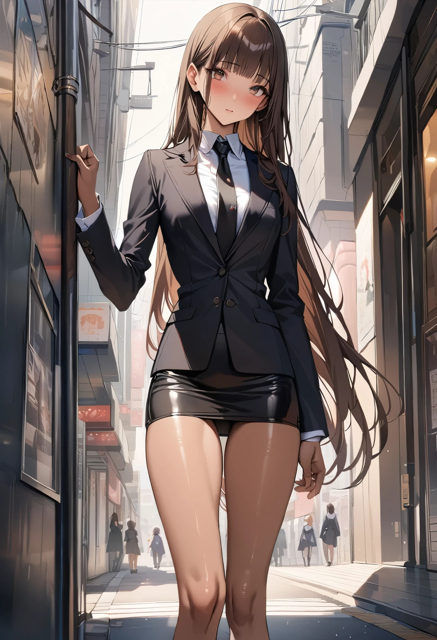 ((masterpiece,best quality anime,Highest quality:1.3)),realistic,cowboy shot,23-year-old beauty,独奏,1woman,((very small head:1.3)),((very long body:1.2)),ideal ratio body proportions,(tan skin),brown hair,bangs,straight long hair,gorgeous eyes,brown eyes,blush,(Black formal jacket、Black tie、Black tight mini skirt),White collared shirt、((slender body,skinny,toned body)),small breasts,gleaming skin,、on street,Shibuya Station、、