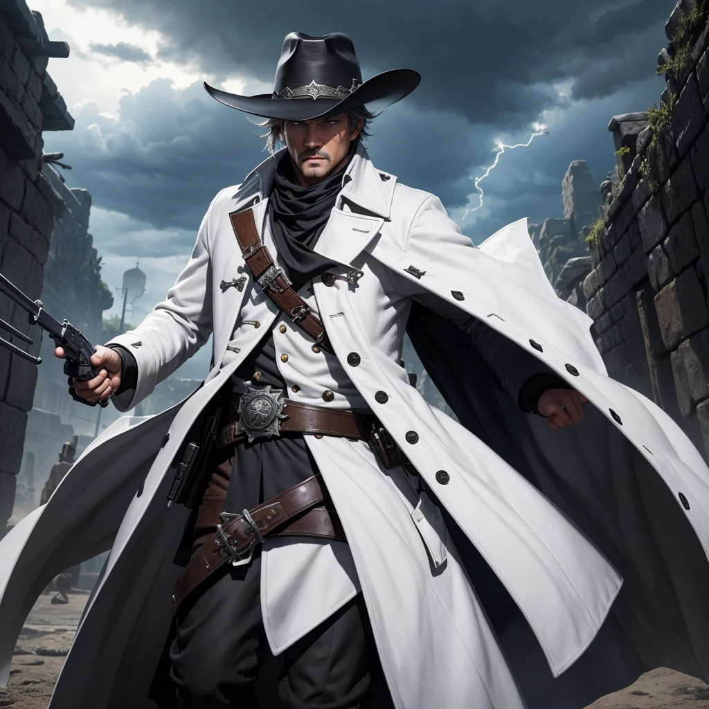 Create me an RPG character from Tormenta 20, arton, where is a gunslinger sheriff, uses two white revolvers and has a white hat, wears a black overcoat and black sheriff&#39;s clothing, has a bow hanging from his waist and on his back, showing only the handle of the weapon, has an old rifle, on his chest, similar to a sheriff&#39;s star, he has an emblem of a phoenix, His eyes are golden and his hair is almost white., has a charismatic appearance and a firm look, a slightly groomed beard as if it were being born.